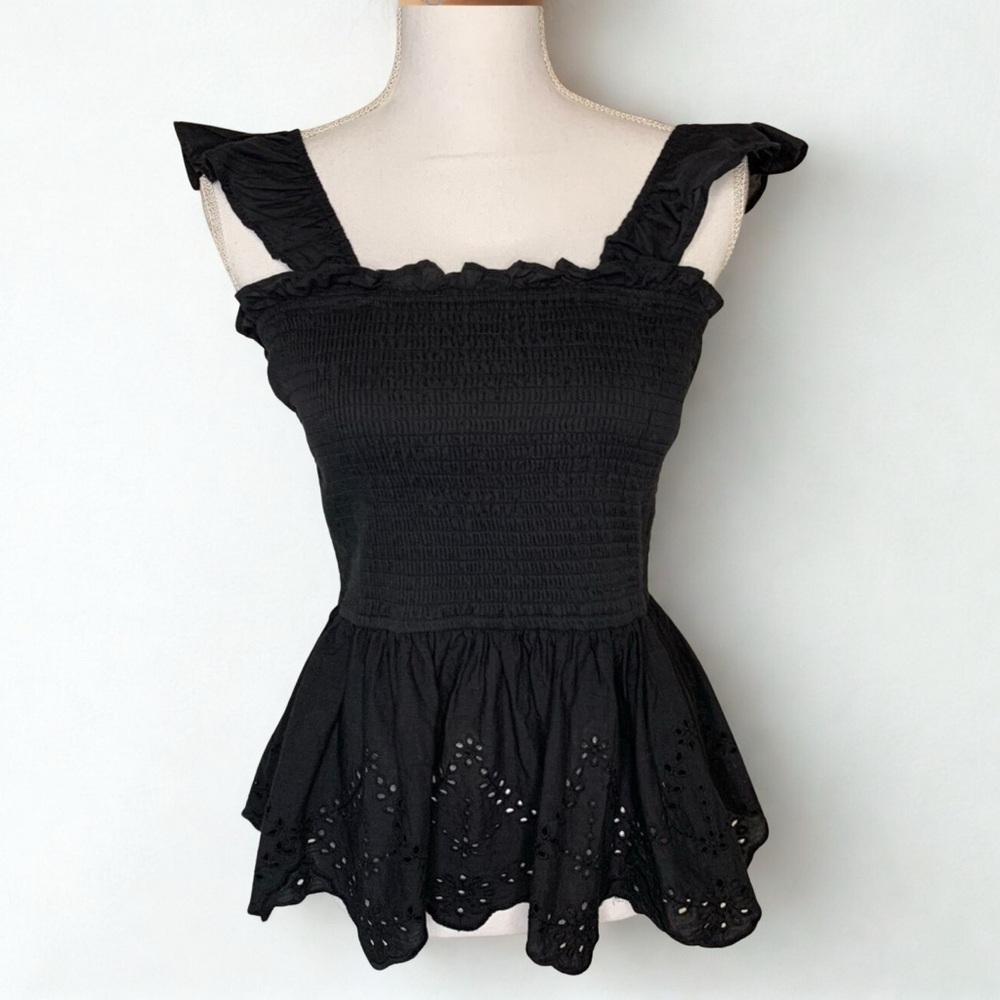 NWOT Japna Women’s Black Ruffle Eyelet Tank Top Size Medium 100% Cotton